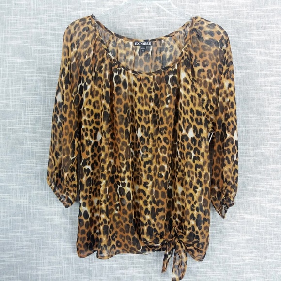 Express Tops - Express Sheer Leopard Print Tie Front Top Medium